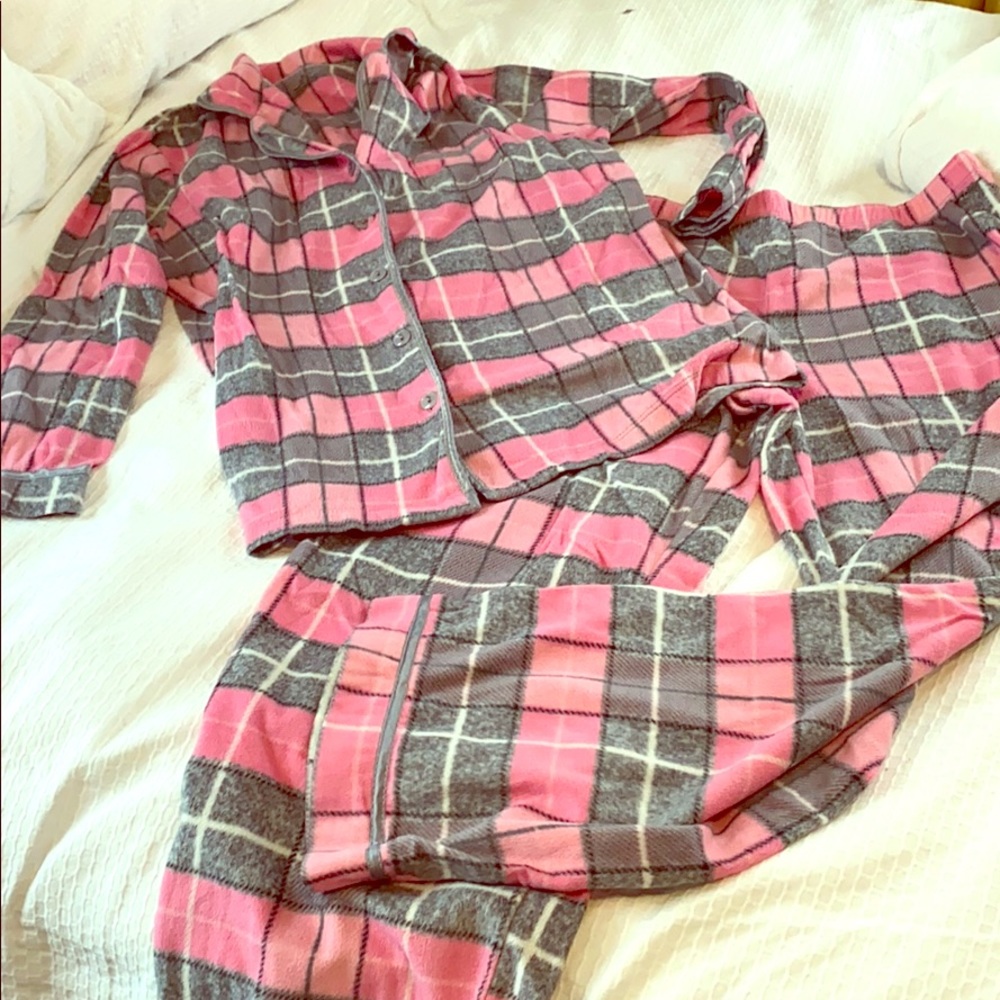 Pink and gray plaid fleece pajamas